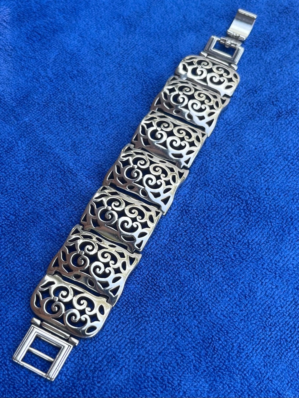 L73: Brighton Wide Silver Filigree Panel articulated Bracelet adjustable 7 -7.5”